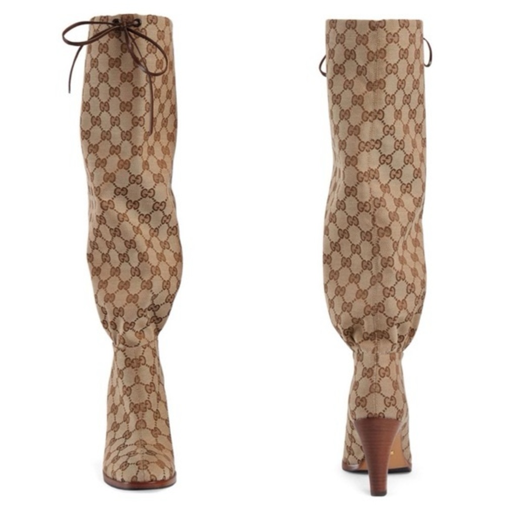 New GUCCI Lisa boots GG monogram beige CANVAS KNEE-HIGH Lisa heeled boots - Picture 6 of 10